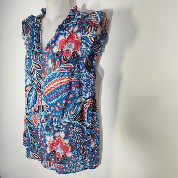 Talbots Womens Top Floral Ruffle Cotton Cap Sleeve Lightweight Popover Botanical - Picture 4 of 8